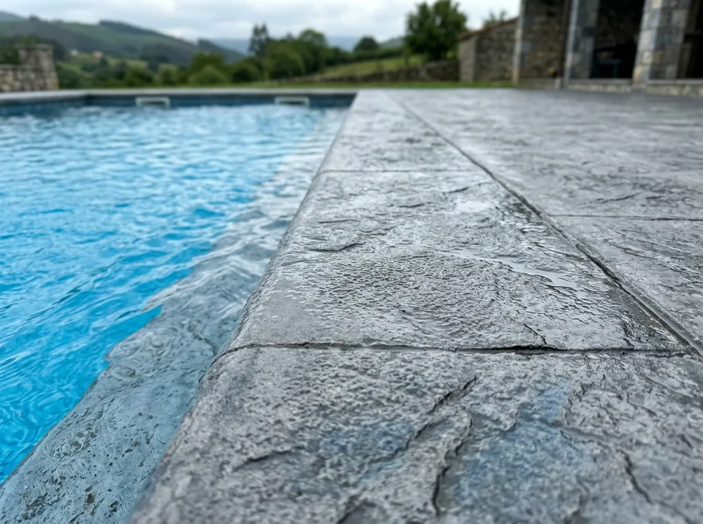 Borde perimetral antideslizante de piscina en hormigón impreso gris en Santander