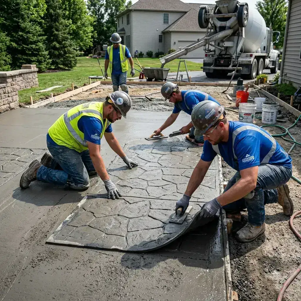 Colocación de un molde sobre hormigón fresco Equipo colocando un molde sobre hormigón fresco