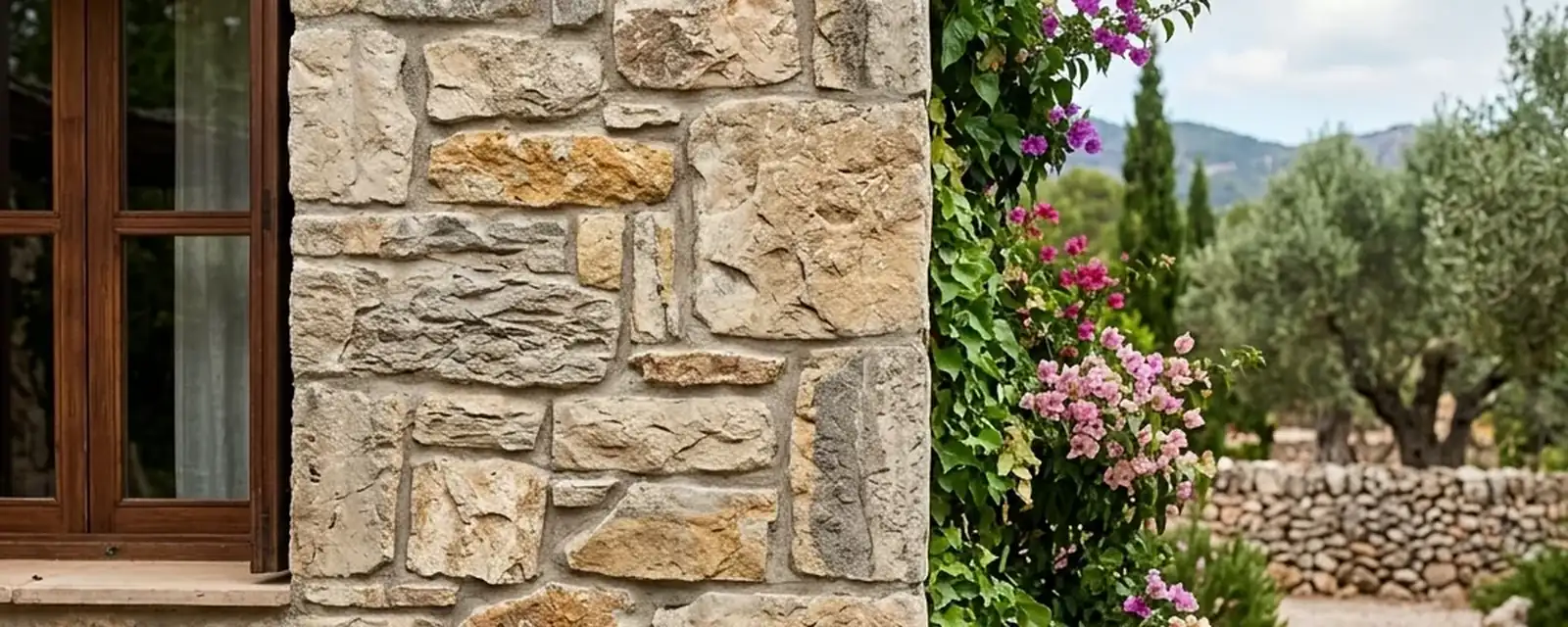 Muro de piedra y pavimento de hormigón impreso en Santillana del Mar