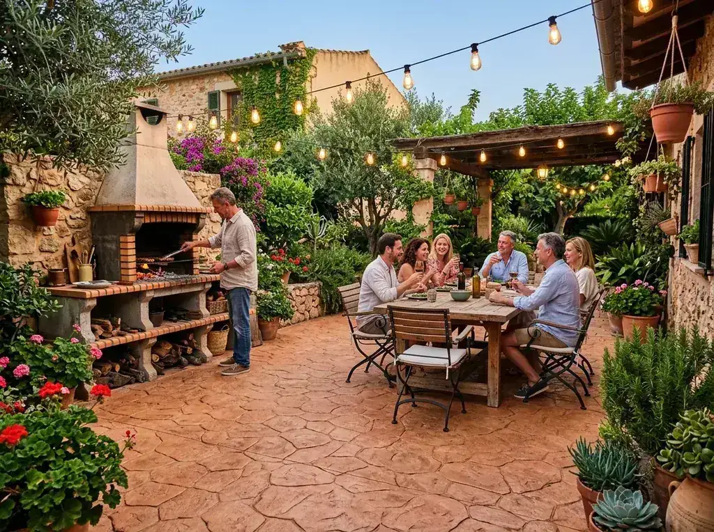 Zona BBQ y comedor exterior con hormigón impreso piedra terracota