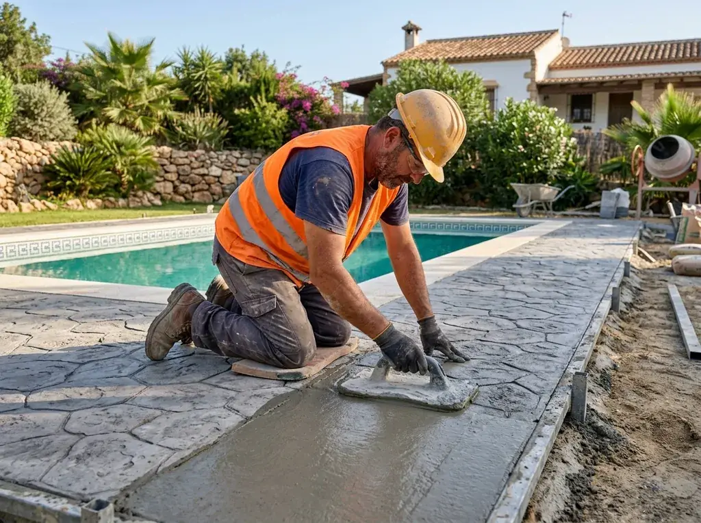 Oficial aplicando hormigón impreso en ducha exterior de piscina